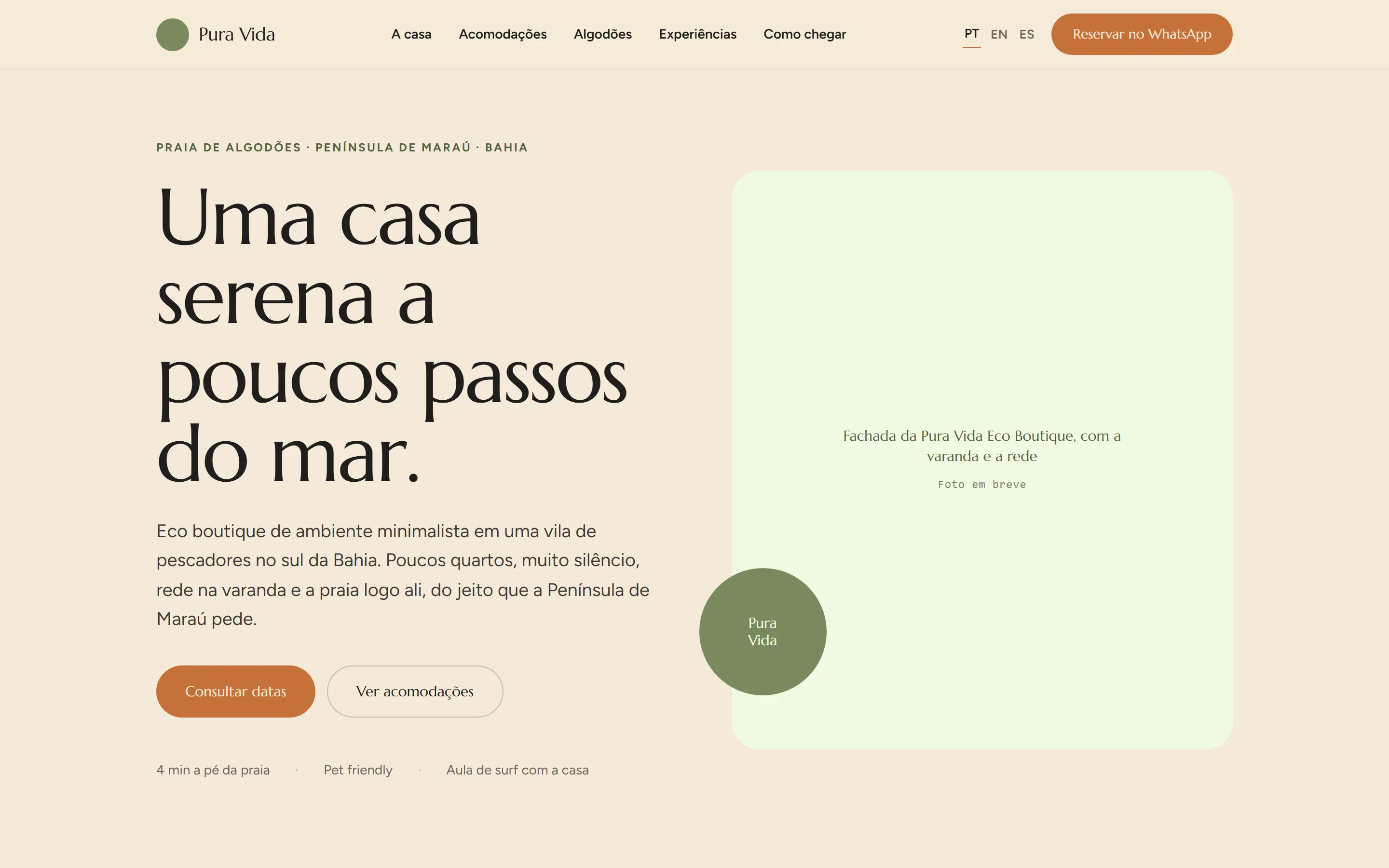 Primeira tela do site Pura Vida Eco Boutique